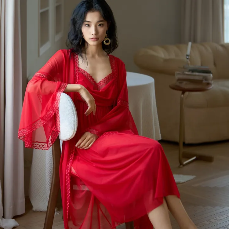 BD-A324带胸垫宫廷风女士睡裙春秋季新款网纱舒适蕾丝家居服