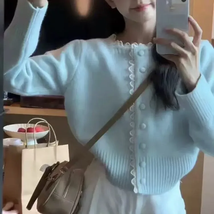 文-蕾丝边方领韩系百搭甜美毛衣开衫新款春秋洋气针织外套