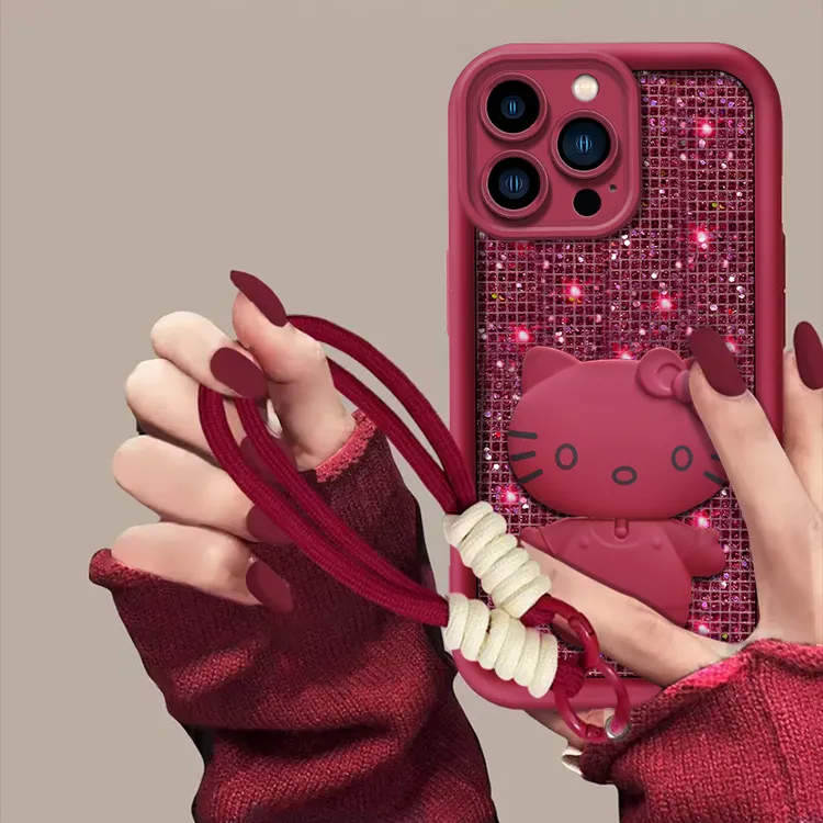 适用【苹果/oppo/华为/vivo/小米】天眼阶梯闪酒红片猫咪支架手机壳