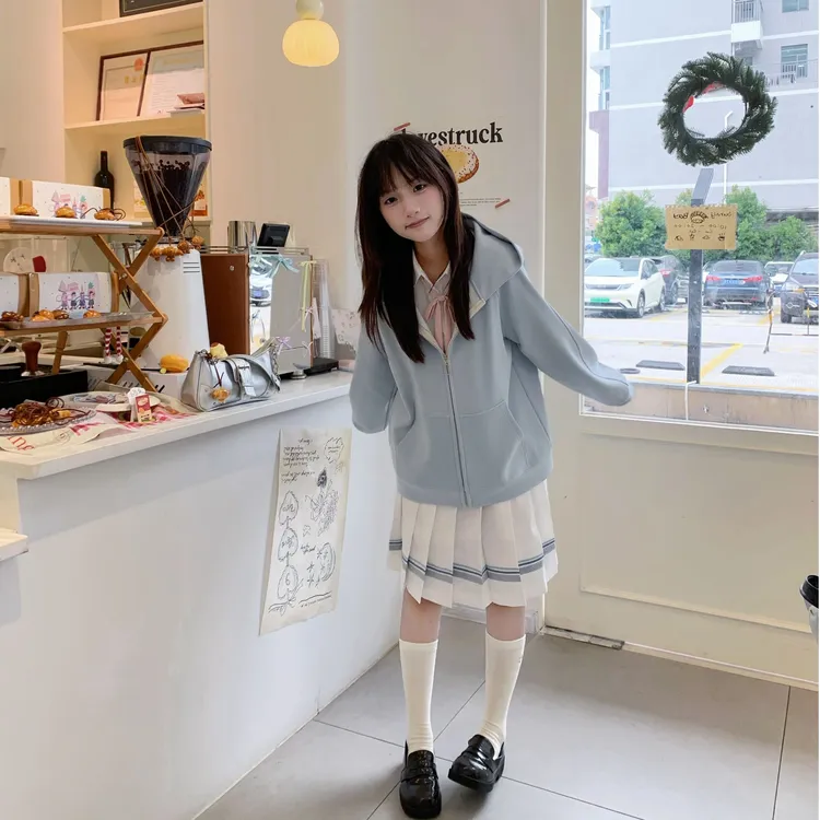 lulu制服馆连帽开衫卫衣jk宽松日系学院风百搭可拆卸毛领外套女
