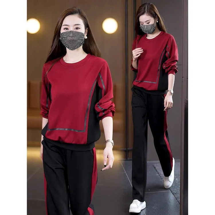 休闲运动套装2025秋季新款时尚减龄显瘦撞色圆领卫衣阔腿裤两件套