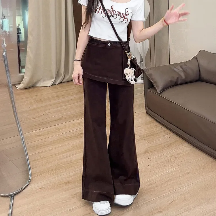 大码女装美拉德穿搭假两件屁帘微喇牛仔裤女胖mm高腰显瘦喇叭裤子