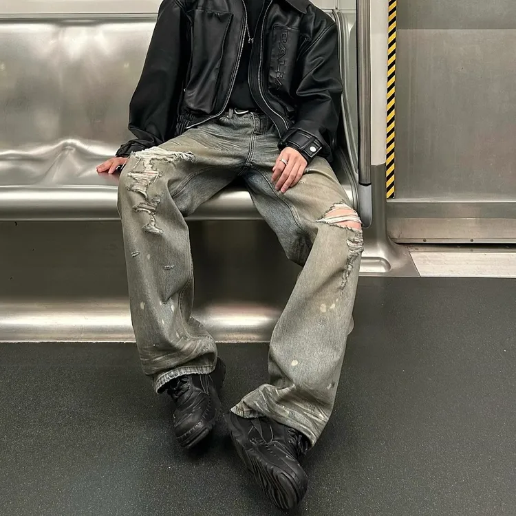 复古做旧破洞漆点直筒微喇裤男潮款高街简约牛仔裤