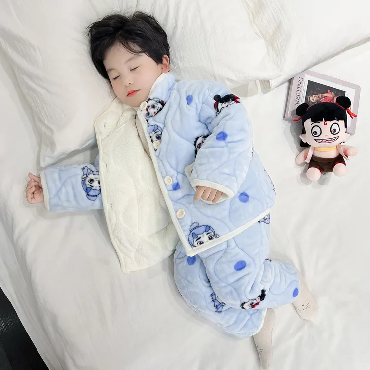 男童睡衣冬季法兰绒三层夹棉加厚男孩宝宝秋冬款儿童珊瑚绒家居服