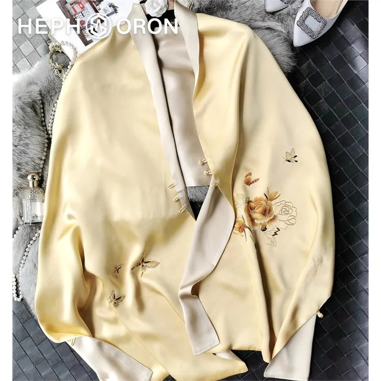 HEPHSORON苏绣丝巾礼盒送妈妈金色刺绣百搭披肩桑蚕丝真丝围巾