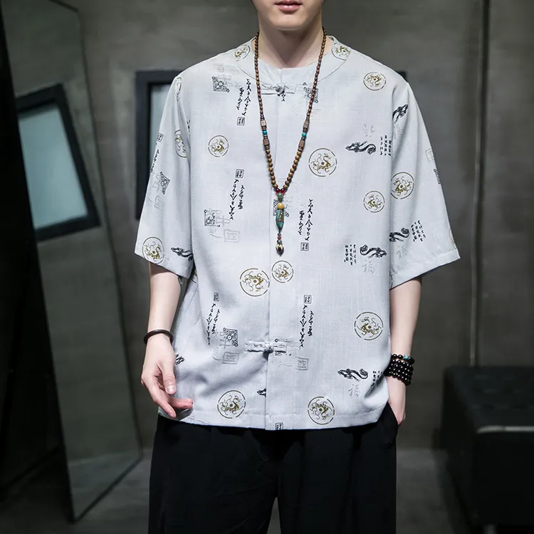 中国风唐装男士冰丝凉感短袖衬衫夏季薄款宽松汉服休闲五分袖t恤