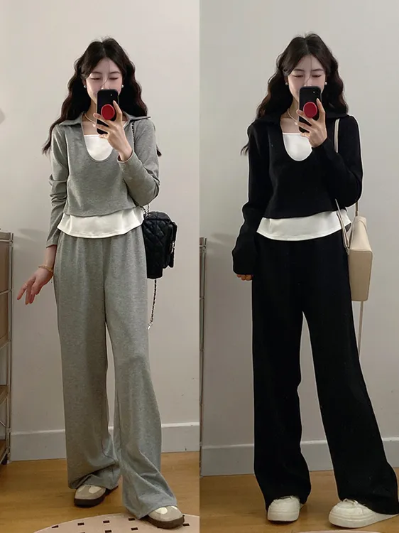 2025夏装新款胖mm大码女休闲撞色假两件长袖T恤阔腿裤套装21377