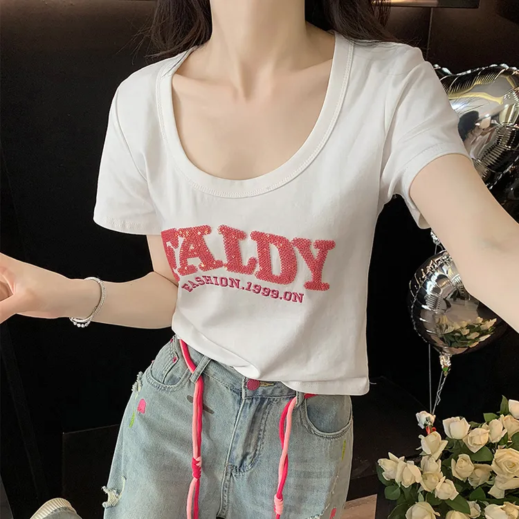U领字母紧身短款t恤女短袖夏季新款高腰修身显瘦辣妹半袖衫上衣潮