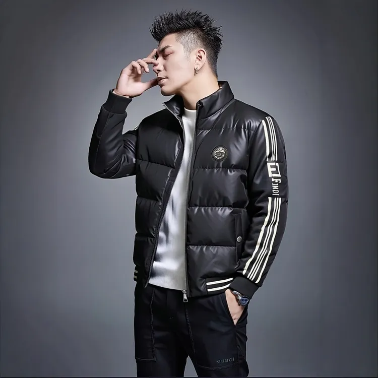 弗基马奇冬季男士时尚针织袖条纹拼接外套拼接立领修身羽绒服百搭