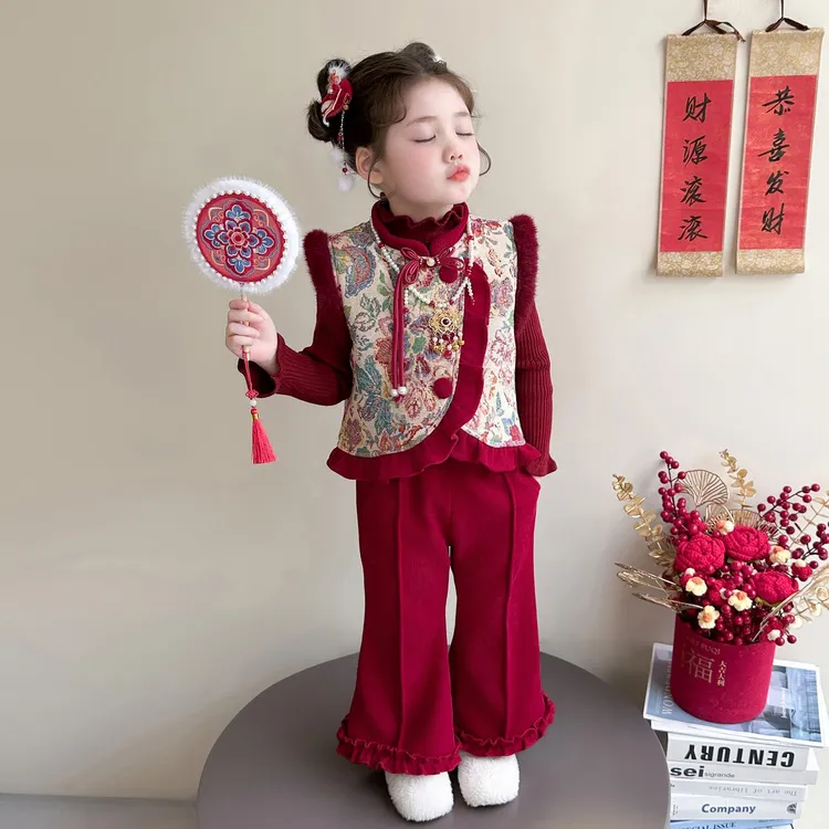 奥莱【万达撤柜】女童秋冬装加绒加厚国风套装2026新款儿童宝宝红色