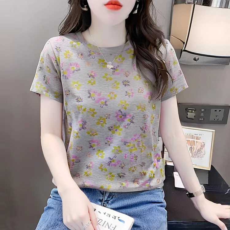 夏日绝美漂亮小上衣洋气印花短袖女t恤夏新款圆领宽松百搭修身T恤