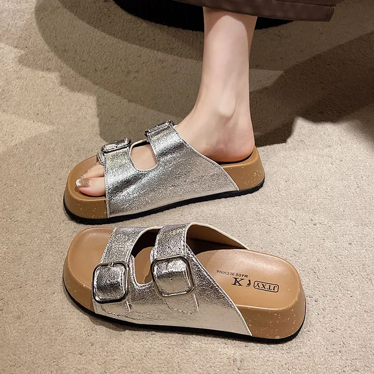 小众银色软木一字凉拖女外穿2025夏季新款复古双排扣厚底勃肯拖鞋