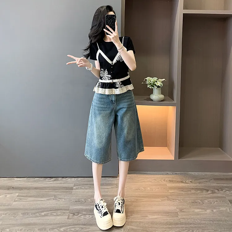 黑色高级感背心吊带短袖T恤减龄假两件上衣复古阔腿七分牛仔裤子