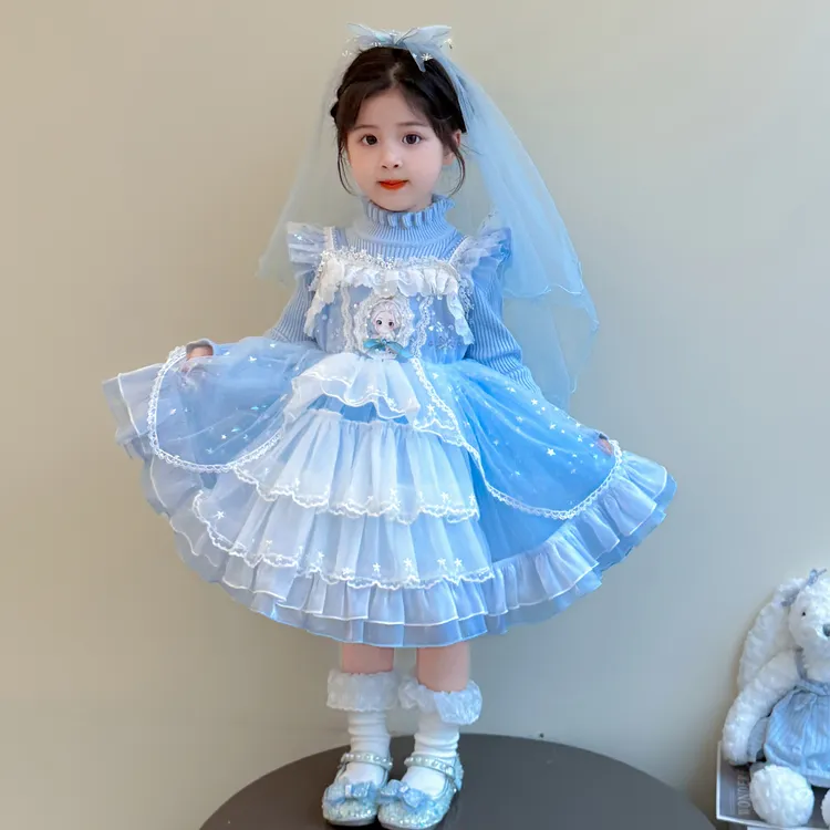 爱莎公主裙女洛丽塔毛衣纱裙女孩秋冬洛丽塔礼服女童生日艾莎裙子