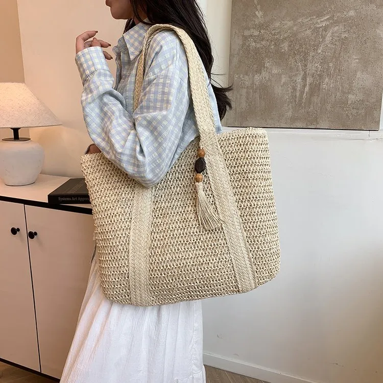 法式大容量编织草编包包女2025新款海边度假单肩包休闲通勤托特包