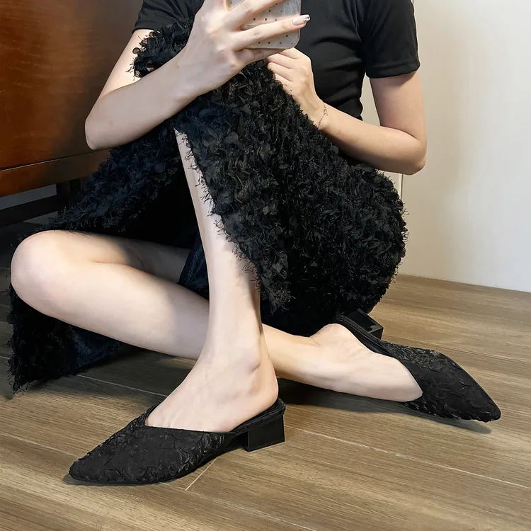 百搭绸缎2025夏季新款百搭半托单鞋女尖头包头半拖鞋女穆勒鞋凉拖