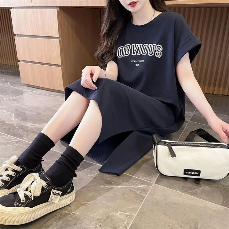 长款过膝开叉设计感体恤裙女夏季韩版宽松大版字母印花纯棉短袖裙