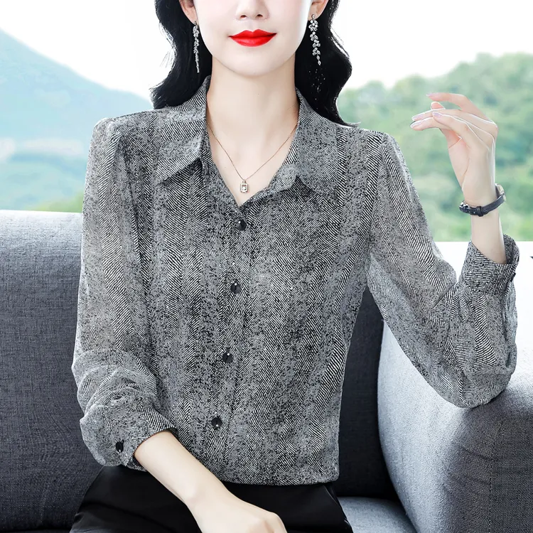 高档印花雪纺衬衫女上衣2025春秋新款女士长袖时尚百搭显瘦衬衣