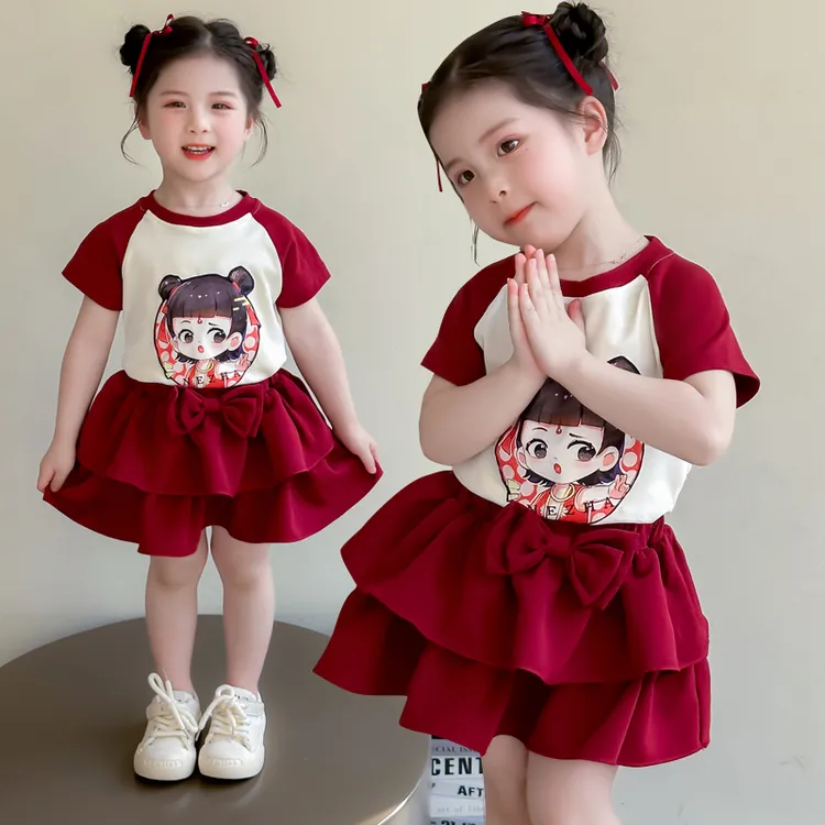 女童短袖哪吒套装洋气儿童夏季新款女宝宝蛋糕裙两件套小女孩时髦