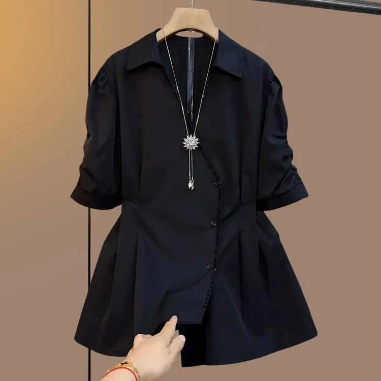 大码女装泡泡袖显瘦夏季减龄收腰短袖衬衫