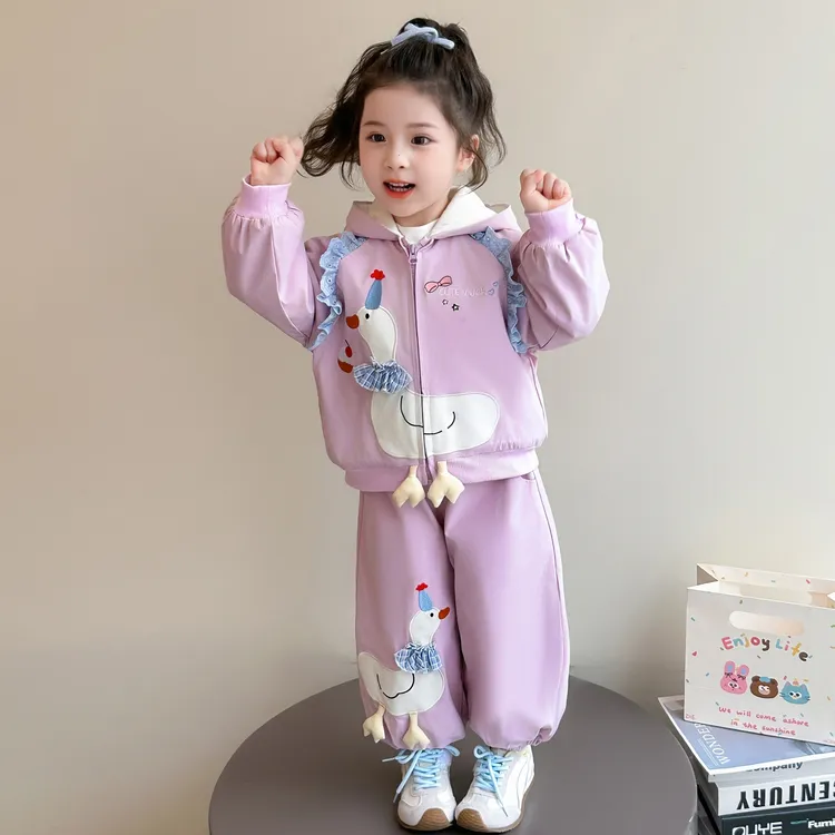 女童套装加绒2025新款儿童洋气时髦卡通宝宝秋冬装连帽外套两件套