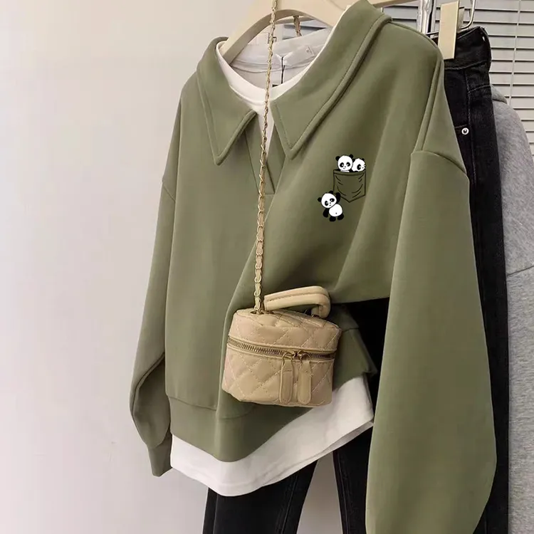 绿色翻领胖MM大码加绒加厚假两件卫衣女春秋宽松显瘦别致长袖上衣