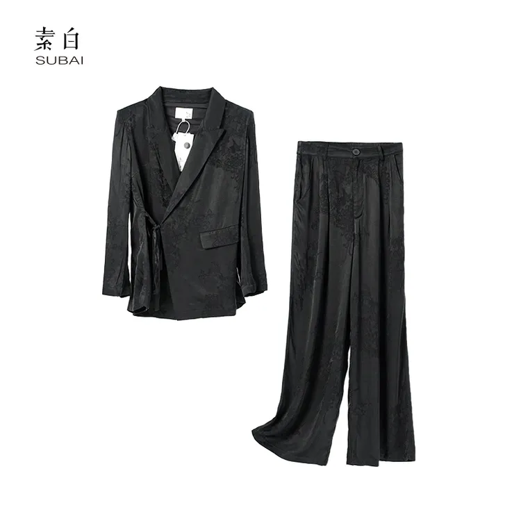 素白新中式【长歌】800405设计师时尚提花西装套装