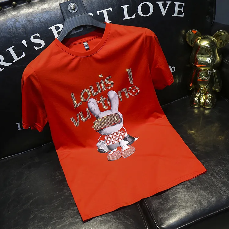 肯梅灵列夏季冰丝短袖T恤男士潮流烫钻设计帅气修身圆领半袖T恤