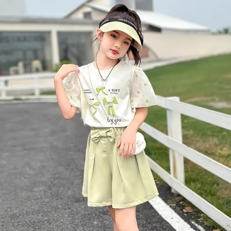 女童夏装套装2025新款洋气女孩甜美t恤裙裤中大童短袖短裤两件套
