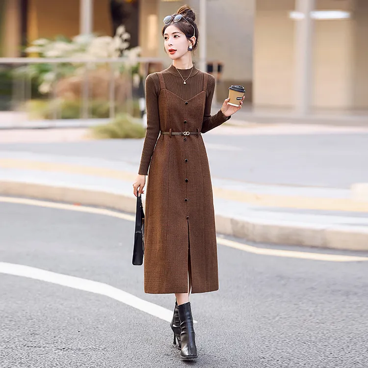 毛呢背带连衣裙女两件套女2025春秋新款气质修身显瘦加厚打底长裙