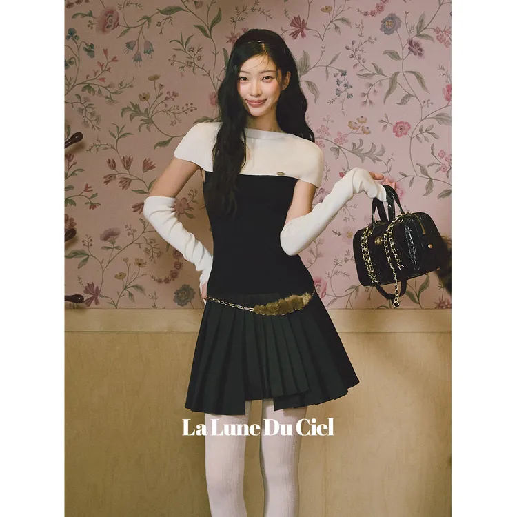 【LaluneDuCiel】LLDC  时尚气质撞色简约优雅修身袖套针织短袖上衣