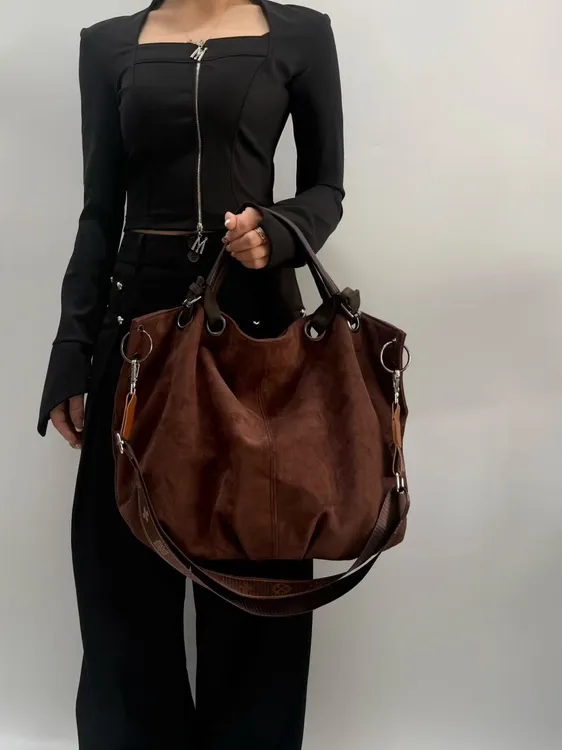 男女复古百搭大容量麂皮绒托特包女单肩斜挎包通勤手提包棕色大包