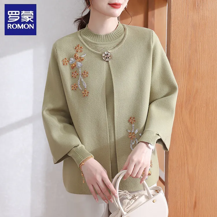 罗蒙妈妈秋装百搭针织外套短款衣服中老年女装2025新款毛衣两件套