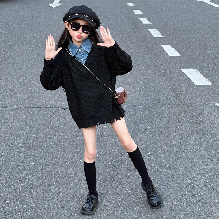 女童毛衣秋装牛仔衬衫领假两件大童装毛线衫中长款秋季儿童针织衫