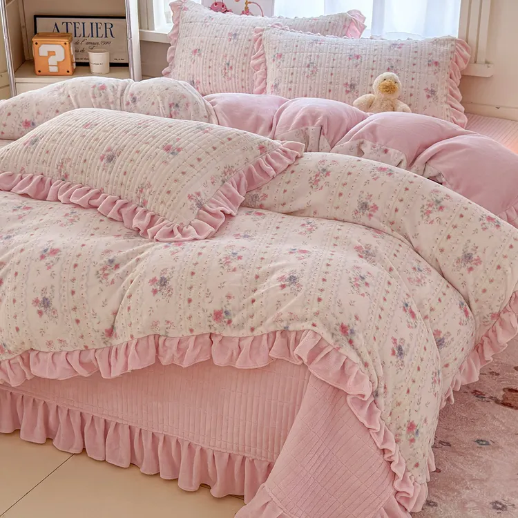 富安娜同款法式花边牛奶绒四件套床盖冬季加厚双面绒被套床单床品