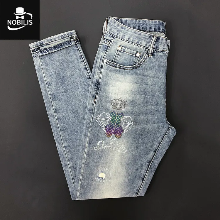 夏季牛仔裤男薄款潮牌烫钻欧货弹力修身小脚裤休闲牛仔裤