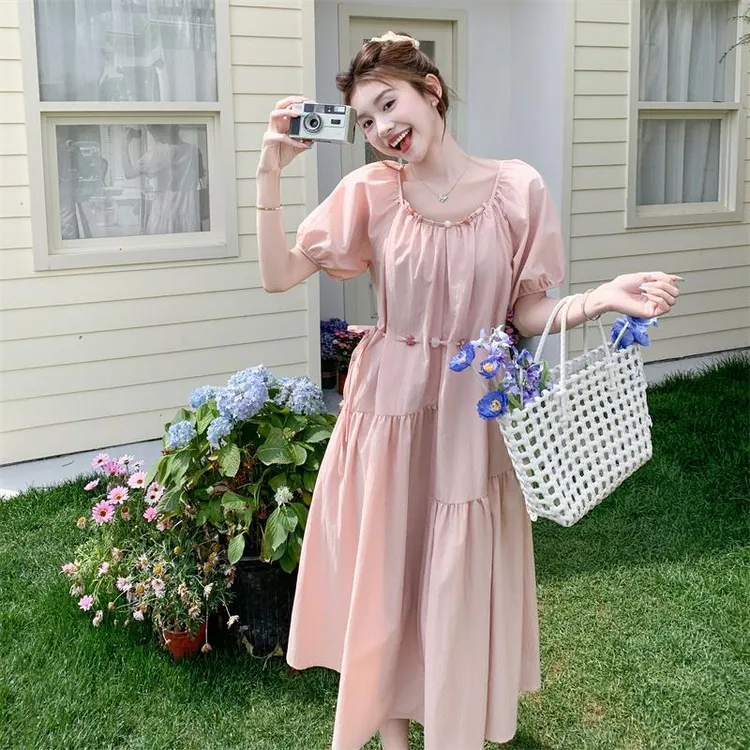 法式甜美粉色泡泡袖连衣裙女夏2025新款收腰显瘦超火长裙夏日绝美