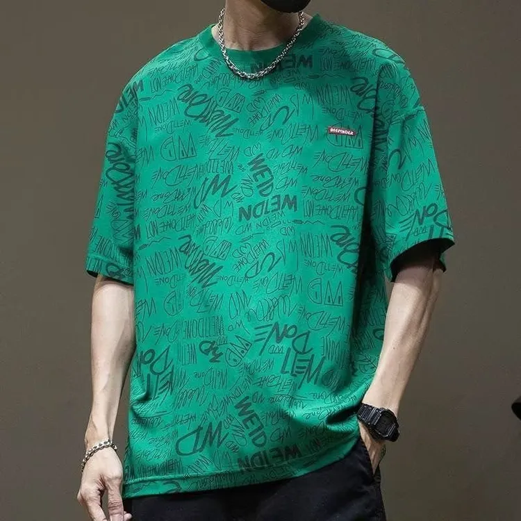 港风短袖休闲男士T恤夏季短袖潮流大码字母花纹印花ins风短袖上衣