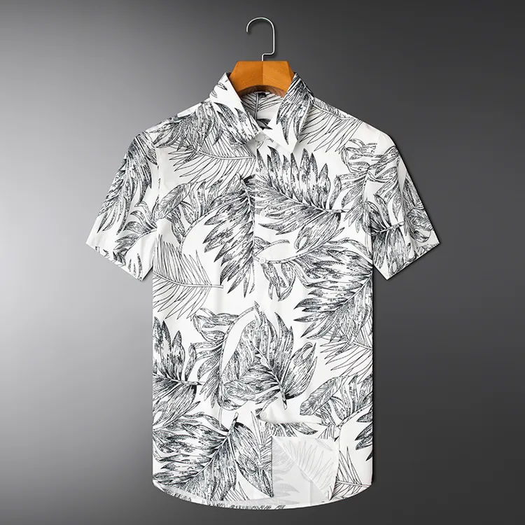 肯梅灵列轻奢高端白色短袖衬衫夏新款满树叶印花修身翻领衬衣潮流