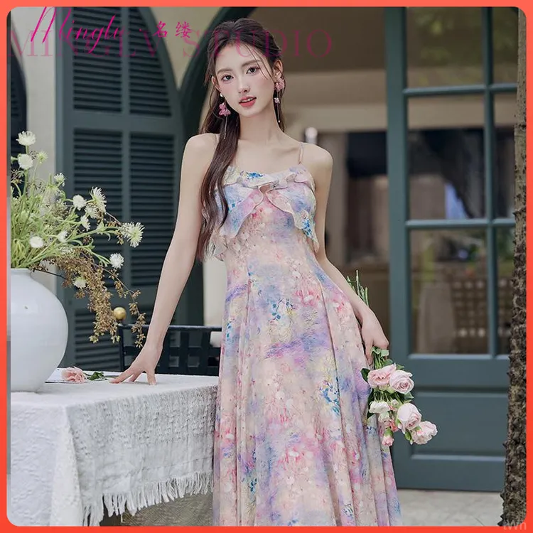 名缕油画风粉紫连衣裙独特绝美气质吊带裙小裙子法式开衫两件套装