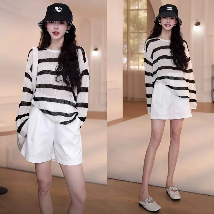 2025夏季镂空条纹防晒罩衫长袖T恤百搭休闲时尚短裤气质套装女