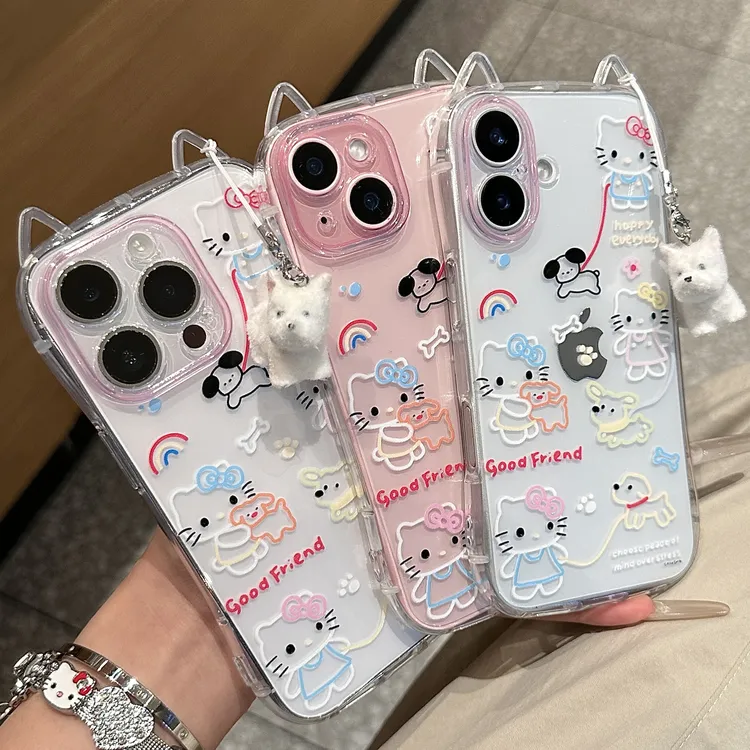 雅天立线条遛狗kt猫适用苹果16promax/13猫耳手机壳iPhone15软14