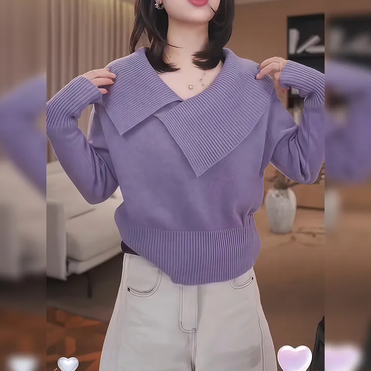 时尚设计感交叉领百搭针织衫女秋冬新款高级感纯色气质别致上衣潮