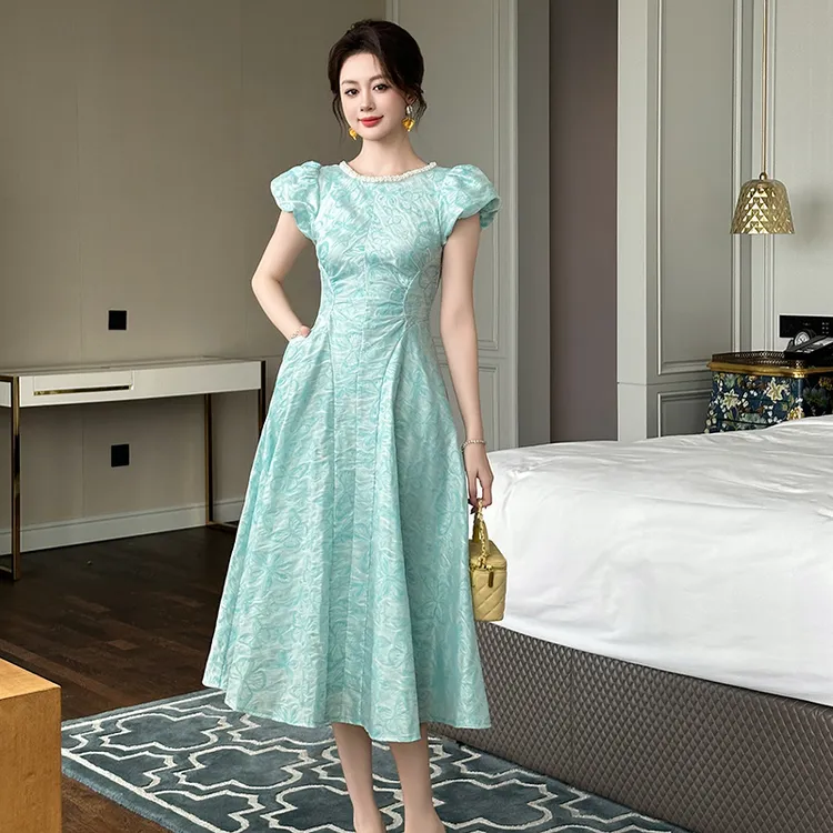 圆领收腰极简风V领泡泡袖法式夏季时尚修身长裙连衣裙45148