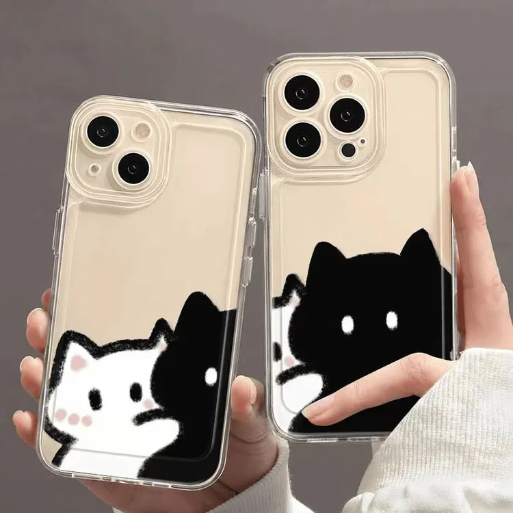 黑白情侣猫咪适用iPhone16手机壳华为荣耀全包VIVO小米15防摔OPPO