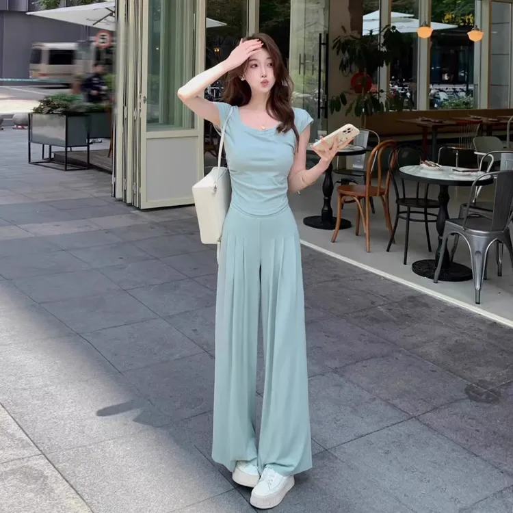 韩系炸街休闲运动套装女夏显瘦减龄小个子薄荷绿短袖阔腿裤两件套