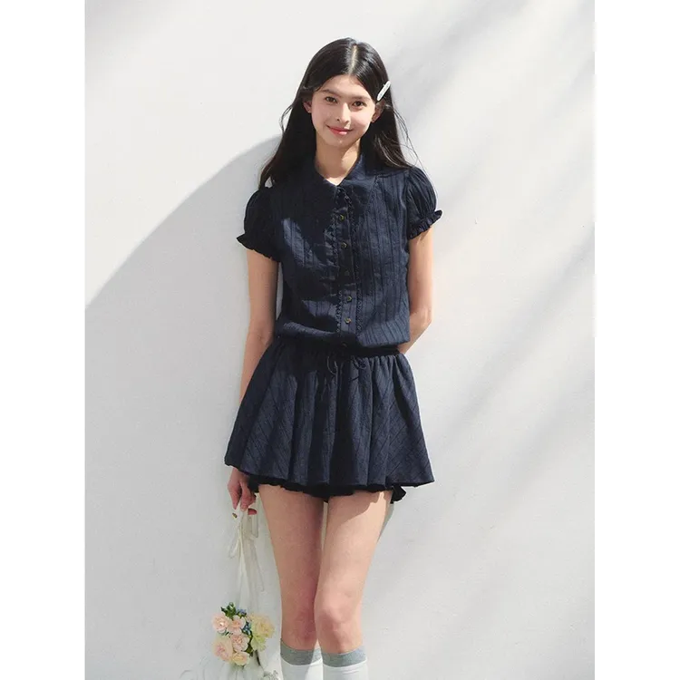 光影里的夏天 藏青色学院风短袖连衣裙夏季气质收腰显瘦通勤短裙