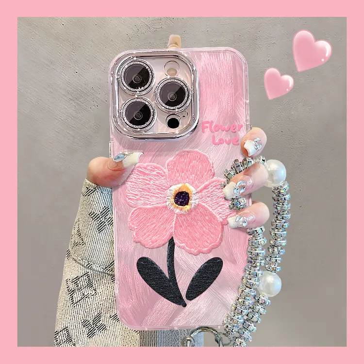 粉色花朵适用苹果15华为vivo/oppo小米iPhone16精孔羽纱纹手机壳