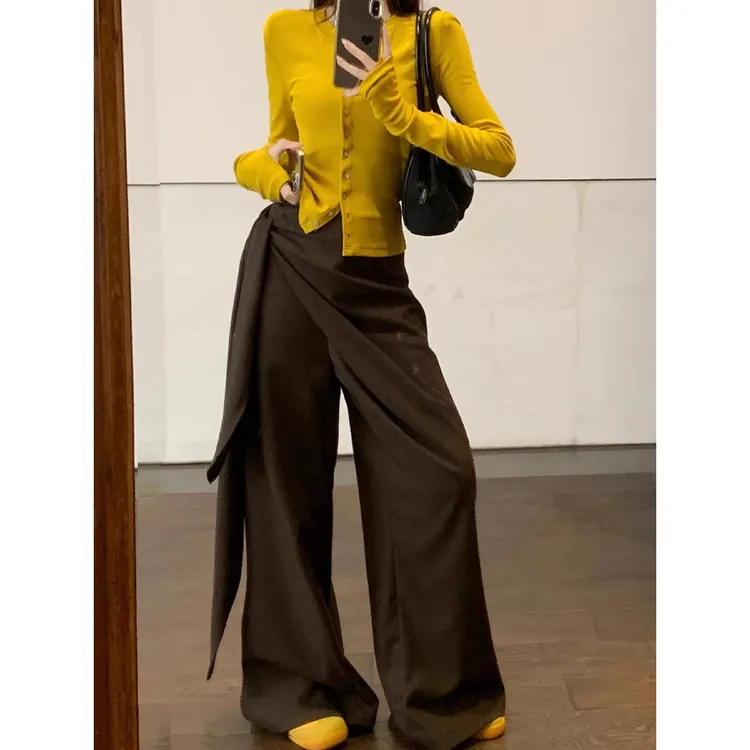 气质复古小众设计感时尚显瘦百搭春季高腰西装阔腿长裤新款咖