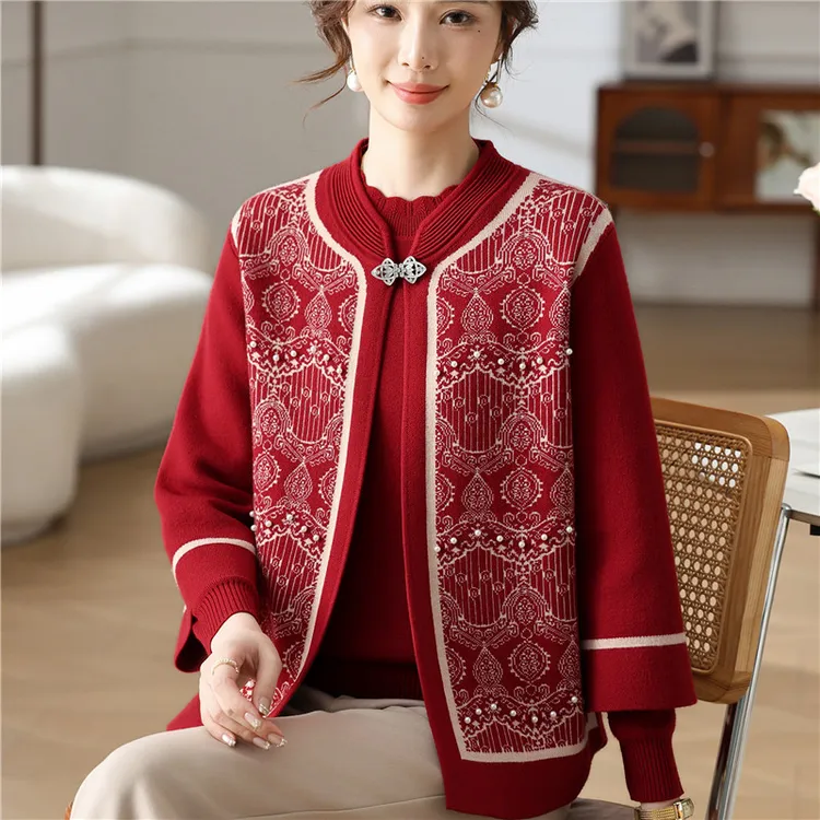 中老年妈妈秋装洋气针织结婚礼服两件套装喜婆婆秋冬毛衣开衫上衣